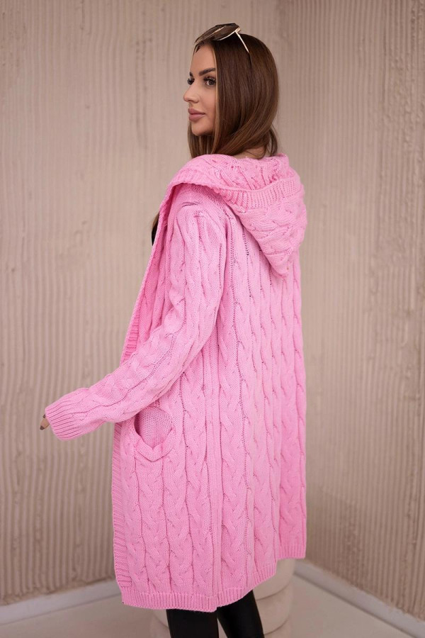 Kardigánový svetr s kapucí a kapsami model 2019-24 jasný růžový