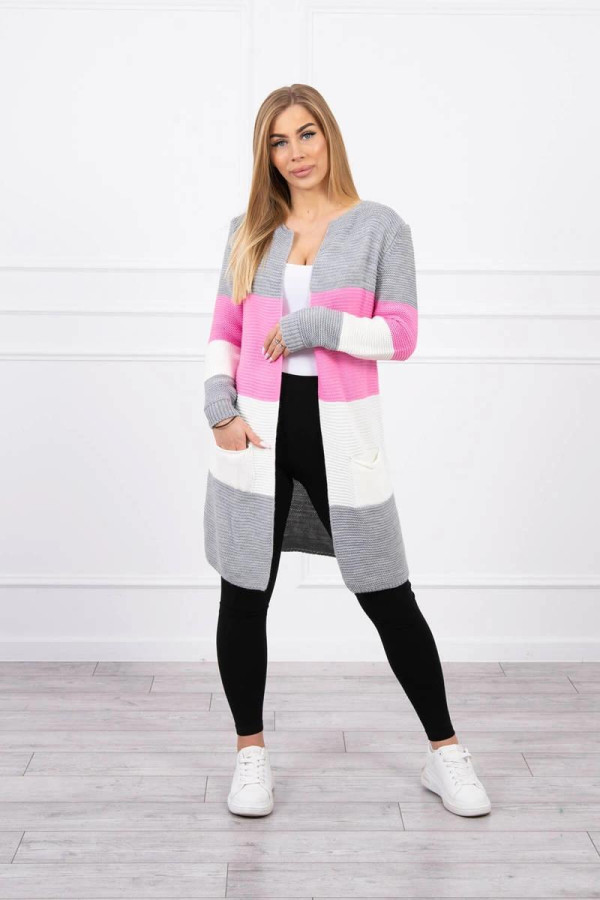Tříbarevný kardigánový svetr model 2019-12 šedý+jasný růžový