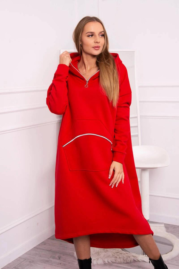 Zateplené mikinové šaty s ozdobným zipem vpředu model 9386 červené