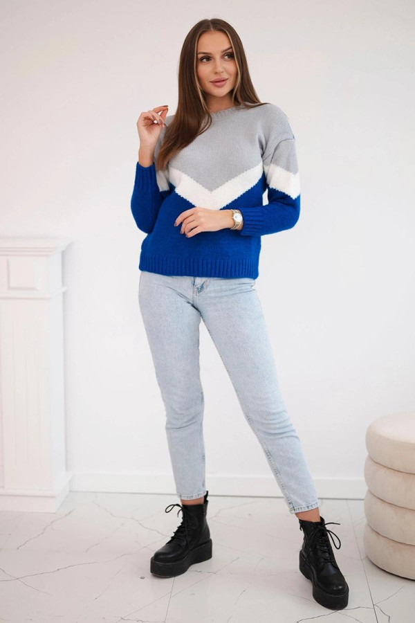 Dvoubarevný svetr s véčkovým vzorem model 2019-51 šedý+královská modrá