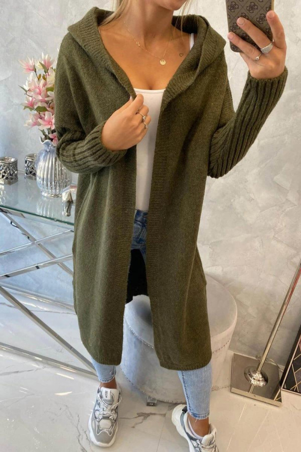 Kardigánový svetr s kapucí a netopýřími rukávy model 2020-14 barva khaki