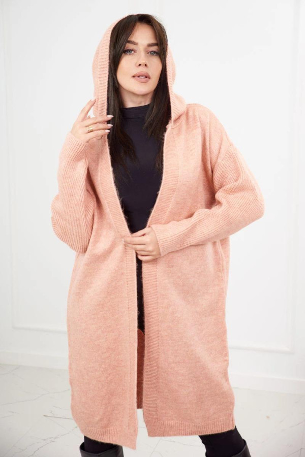Dlouhý kardiganový svetr s kapucí model 24-34 starorůžový