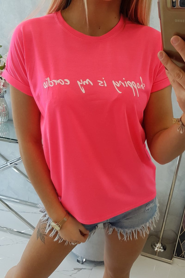 Tričko s nápisem Shopping is my cardio neonově růžové