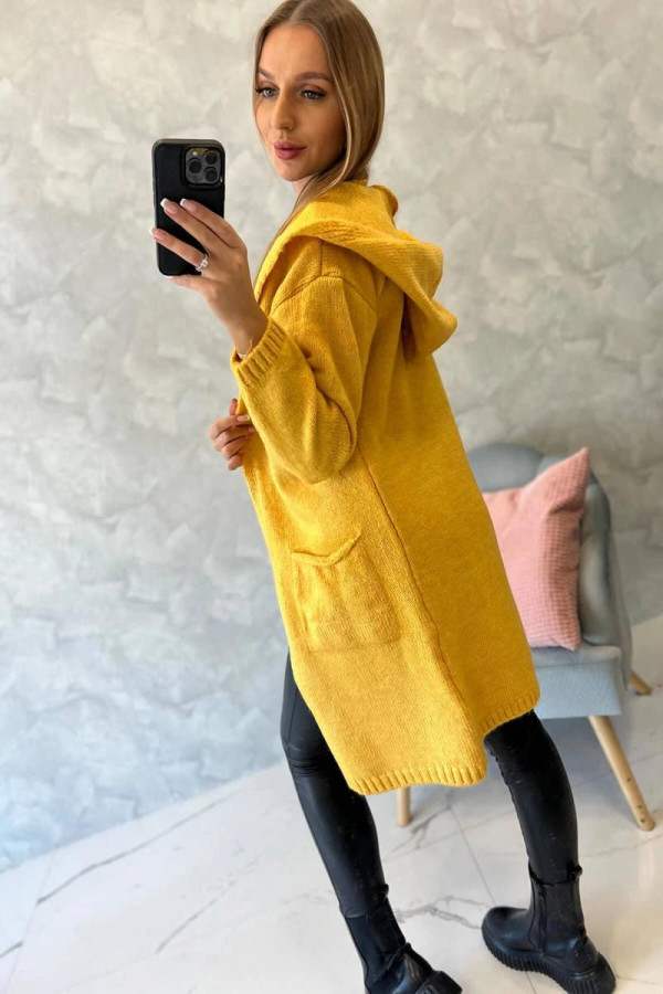 Kardigánový svetr s kapucí a kapsami model 2020-10 hořčicový