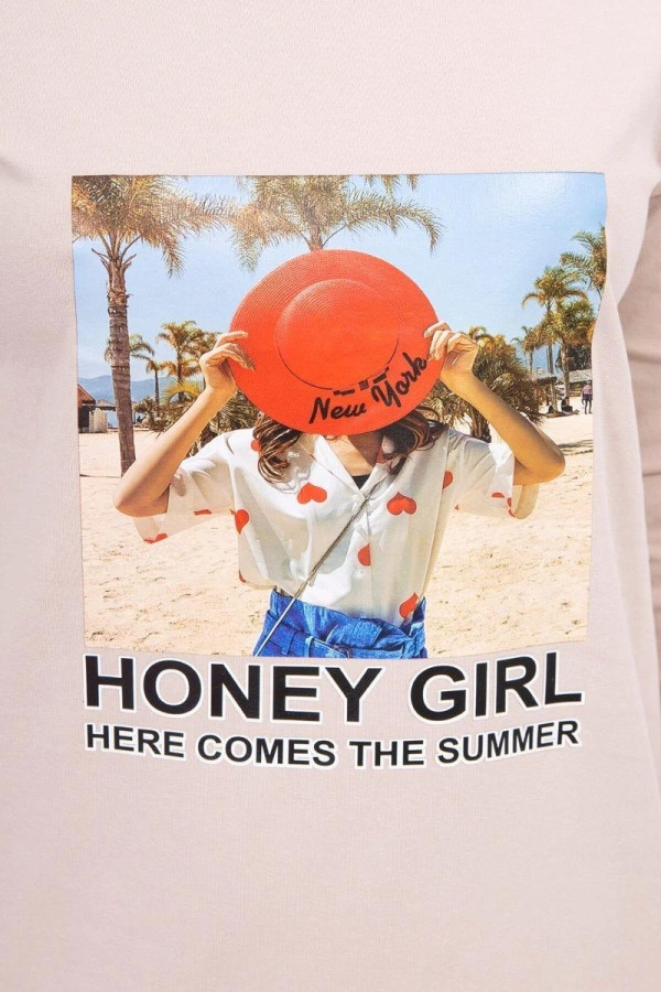 Šaty s letním motivem a nápisem Honey Girl béžové