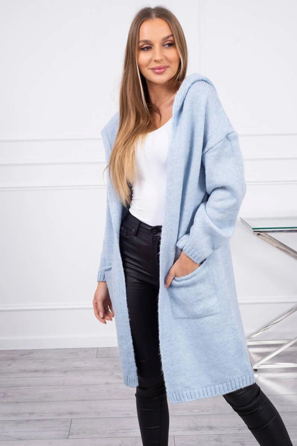 Kardiganový svetr s kapucí a kapsami model 2020-10 světle modrý