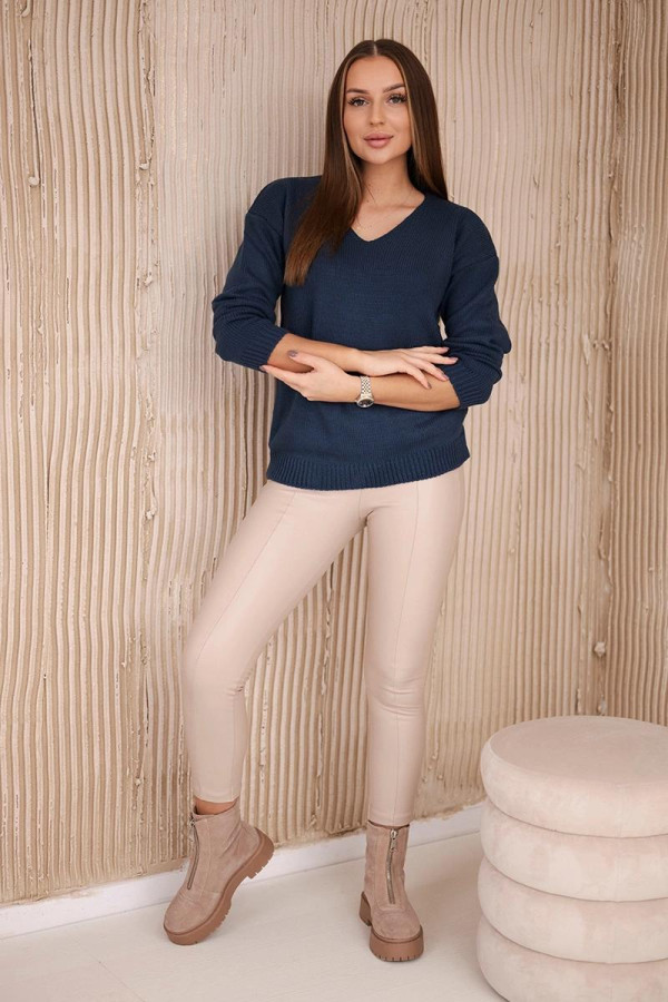 Klasický svetr s véčkovým výstřihem model 2020-15 barva džínová