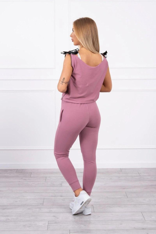 Kalhoty à la overal s ramínkem s nápisem Selfie fialové