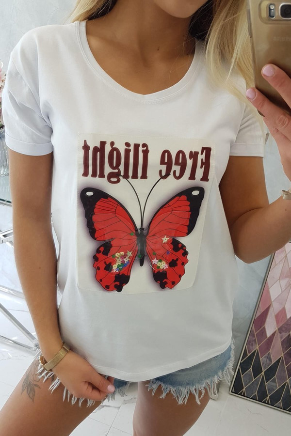 Tričko s potiskem motýla a nápisem Free Flight bílé