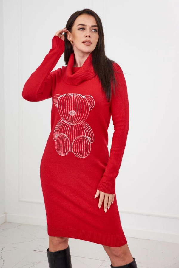 Rolákový svetr s motivem medvěda ze zirkonů model 1607 červený