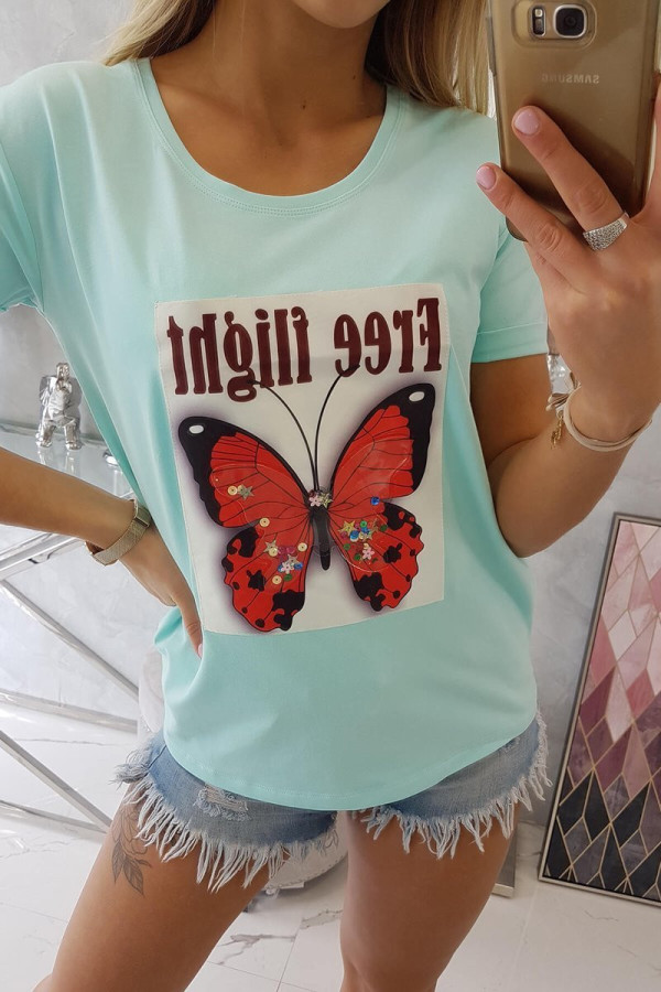 Tričko s potiskem motýla a nápisem Free Flight mentolové