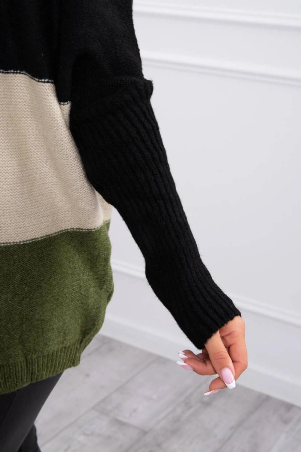 Tříbarevný svetr s kapucí a s netopýřími rukávy černý+béžový+khaki