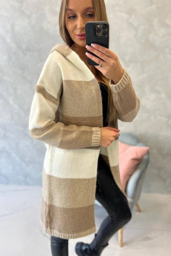 Tříbarevný kardigánový svetr model 2019-25 ecru+béžový+cappuccino