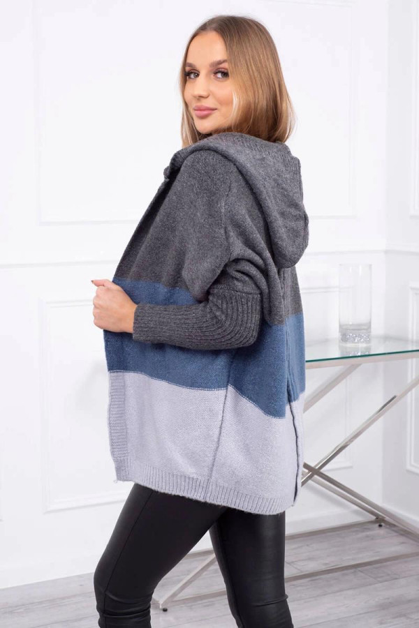 Tříbarevný svetr s kapucí a s netopýřími rukávy grafitový+džínový+šedý