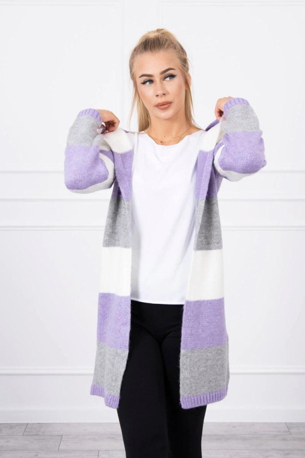 Tříbarevný kardigánový svetr model 2019-25 ecru+lila+šedý