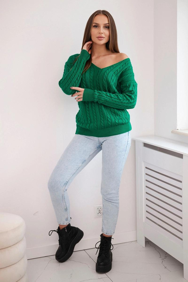 Úpletový svetr s copánkovým vzorem a véčkovým výstřihem zelený