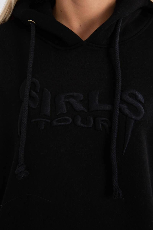 Oversize hřejivá mikina s kapucí a výšivkou Girls Tour černá