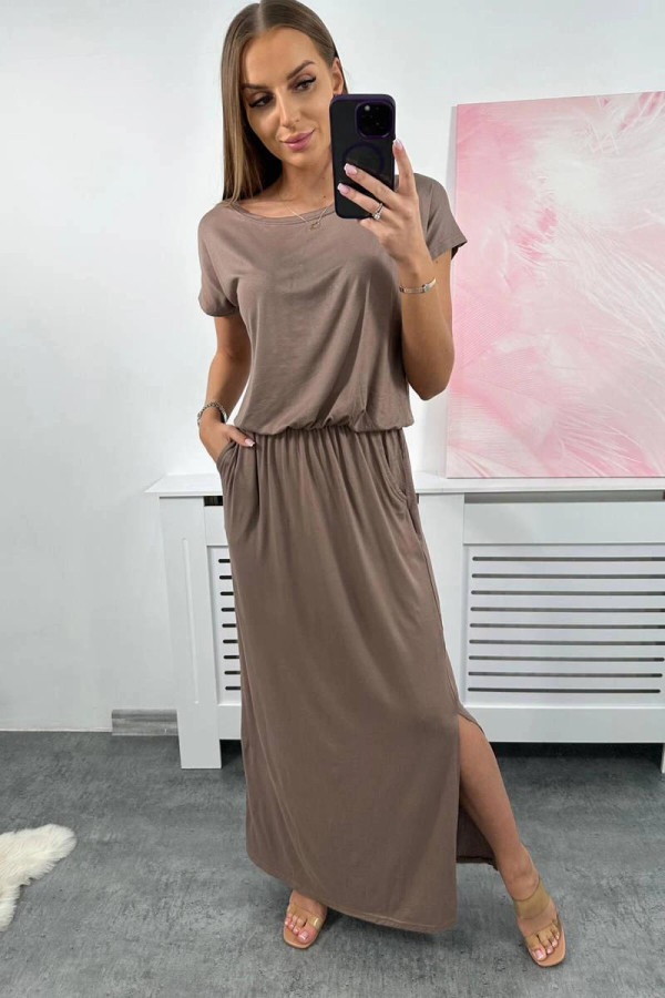 Dlouhé viskozové šaty s kapsami model 9464 barva cappuccino