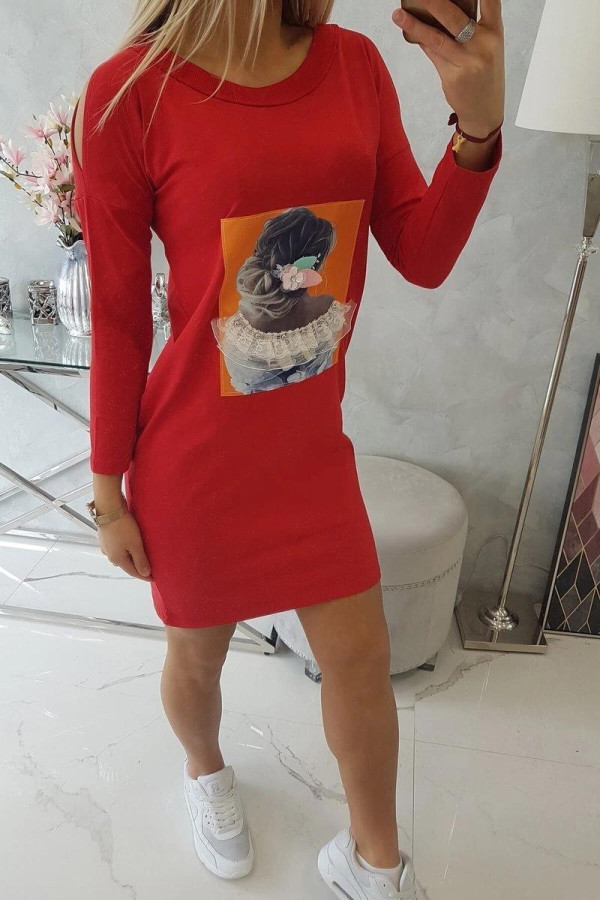 Šaty s 3D grafikou s krajkou a zirkony model 66829 červené