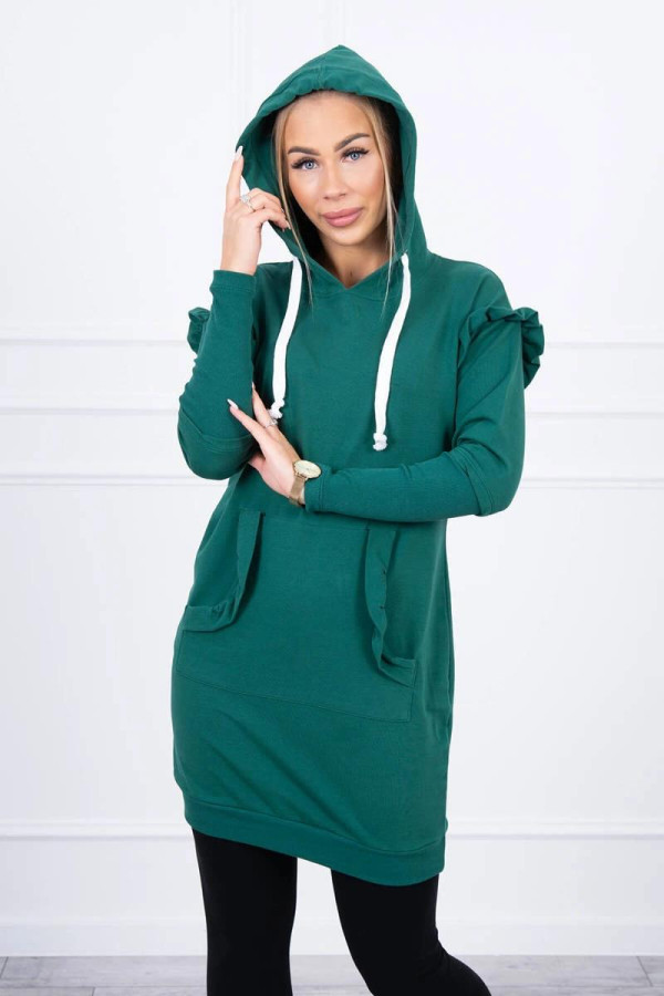 Mikinové šaty s ozdobnými volány a kapucí model 9322 tmavě zelené