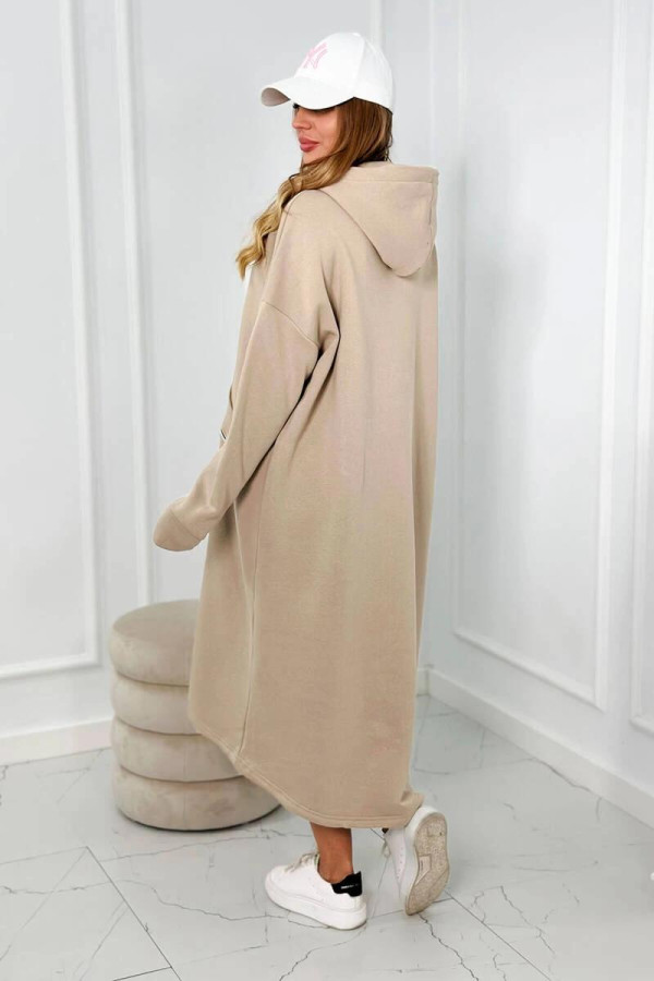 Zateplené mikinové šaty s ozdobným zipem vpředu model 9386 béžové