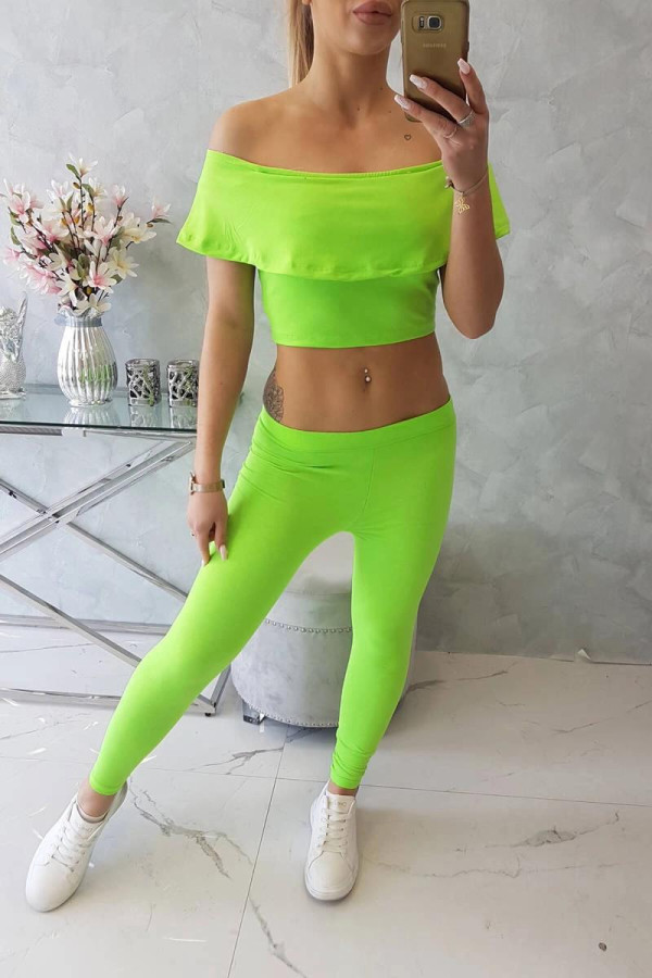 Komplet kalhoty+top s volány neonově zelený