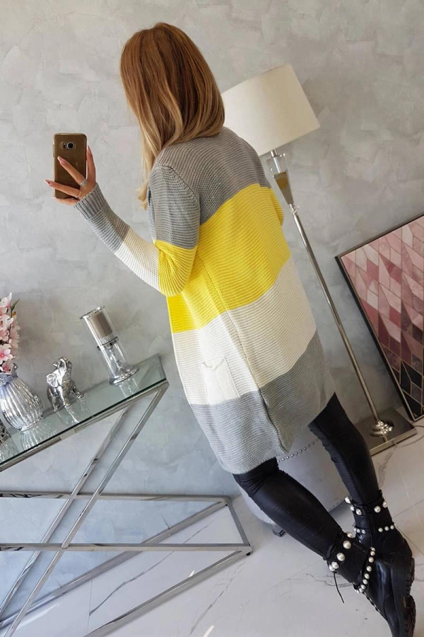 Tříbarevný kardigánový svetr model 2019-12 šedý+žlutý