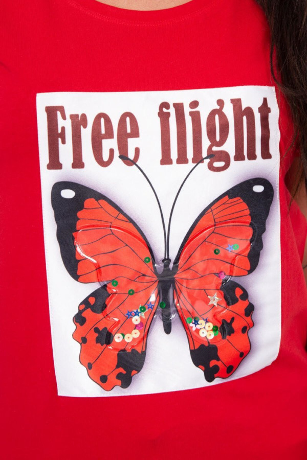 Tričko s potiskem motýla a nápisem Free Flight červené