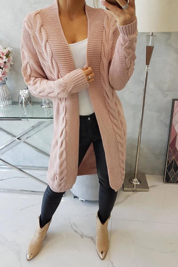 Kardigánový svetr s copánkovým vzorem model 2021-5 pudrově růžový