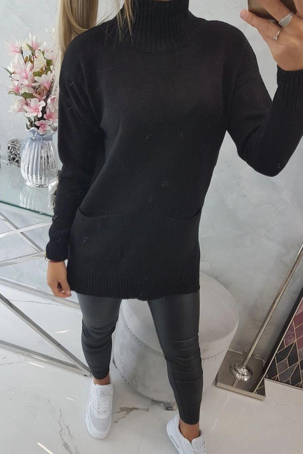 Úpletový svetr s rozparky, kapsami a stojáčkem černý
