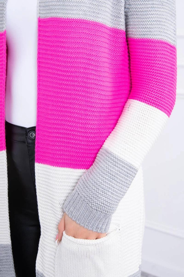 Tříbarevný kardigánový svetr model 2019-12 šedý+neonově růžový
