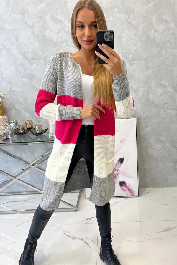 Tříbarevný kardiganový svetr model 2019-12 šedý+malinový