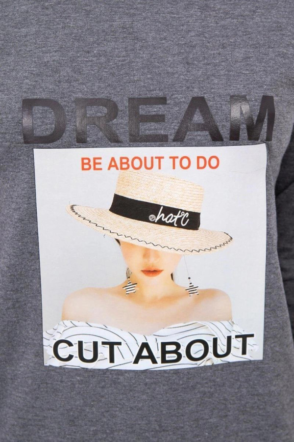 Šaty s grafikou ženy v klobouku a nápisem Dream grafitové