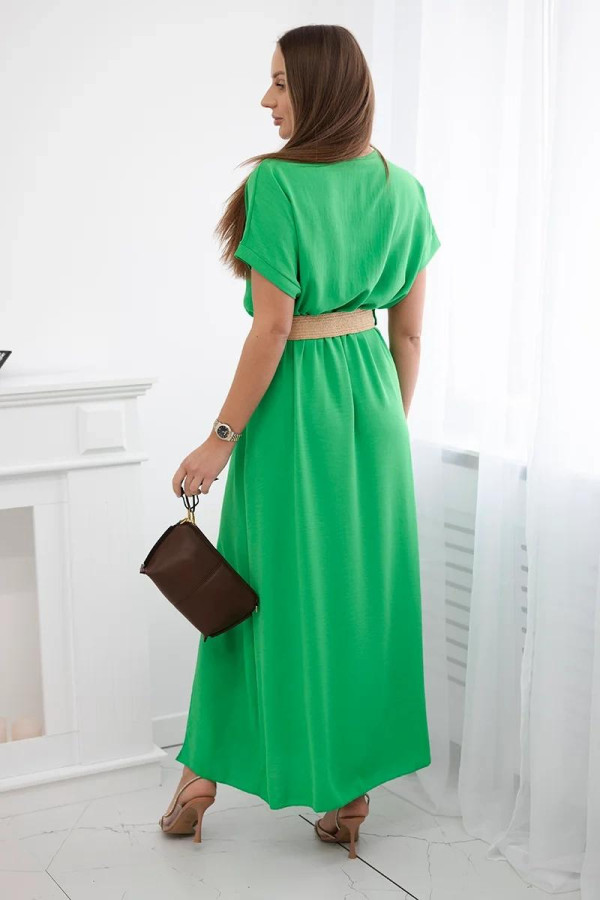 Dlouhé šaty s ozdobným páskem a rozparkem model 6012F zelené