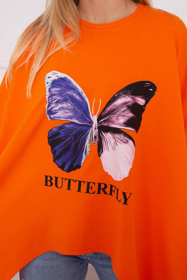 Prodloužená oversize halenka s potiskem motýla oranžová