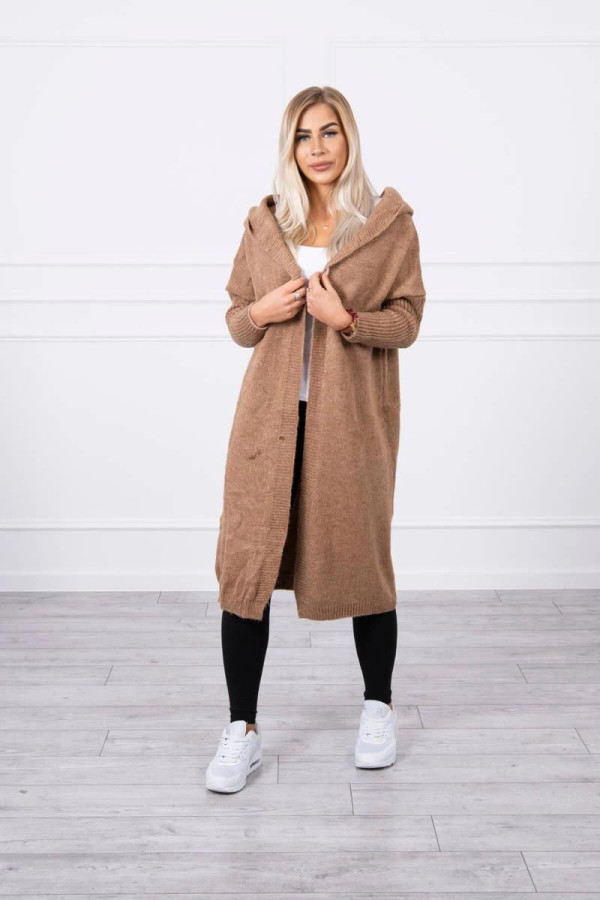Kardigánový svetr s kapucí a netopýřími rukávy model 2020-14 barva camel