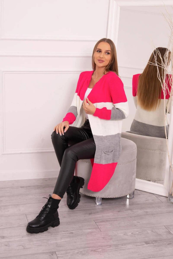 Tříbarevný kardiganový svetr model 2019-12 malinový+barva ecru