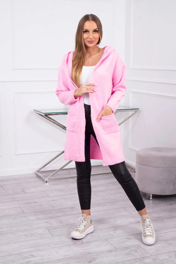 Kardigánový svetr s kapucí a kapsami model 2020-10 růžový