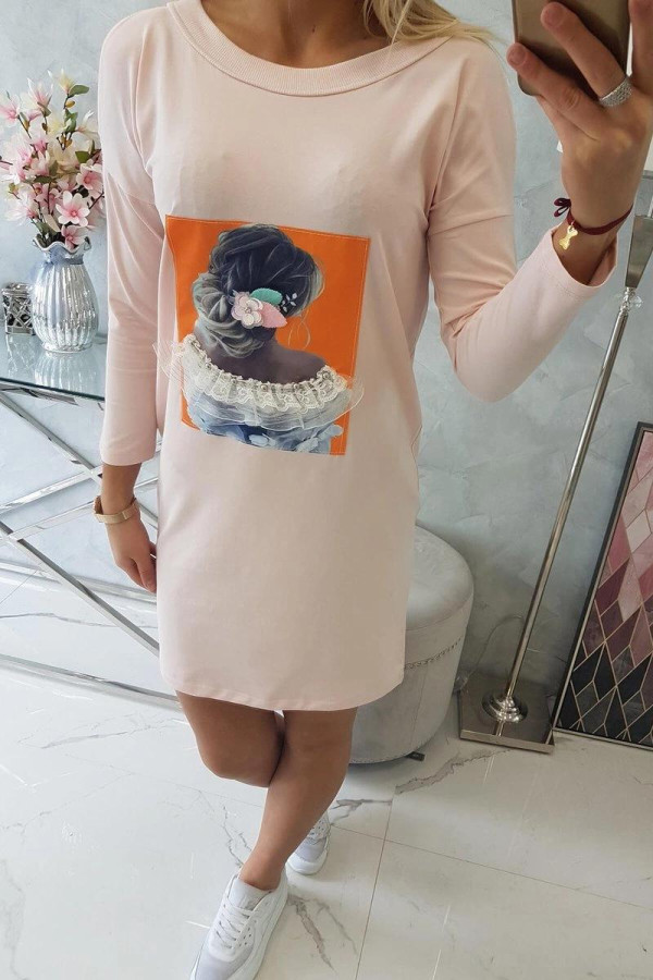 Šaty s 3D grafikou s krajkou a zirkony model 66829 pudrově růžové
