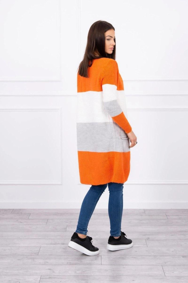 Tříbarevný kardigánový svetr model 2019-12 oranžový+ecru