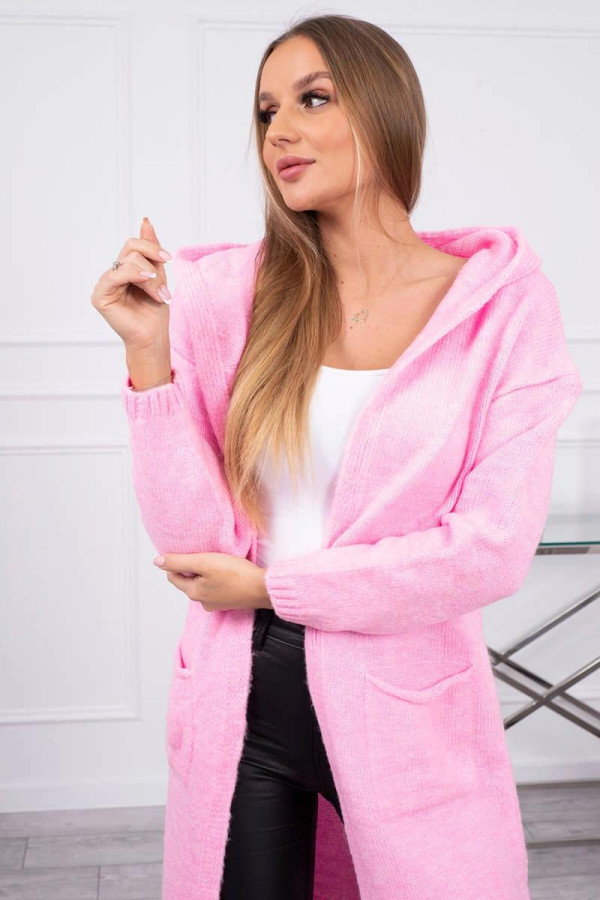 Kardigánový svetr s kapucí a kapsami model 2020-10 růžový