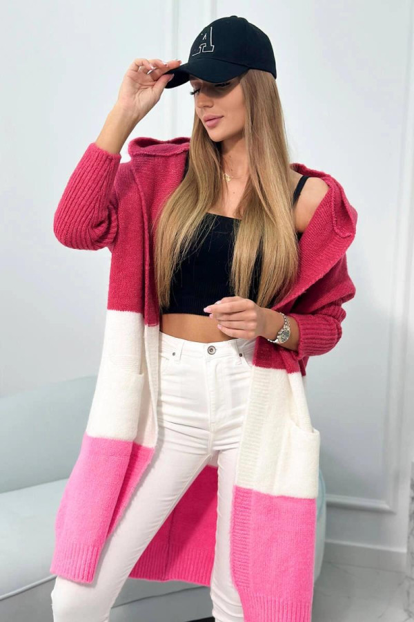 Tříbarevný kardiganový svetr s kapucí fuchsiový+barva ecru+jasný růžový