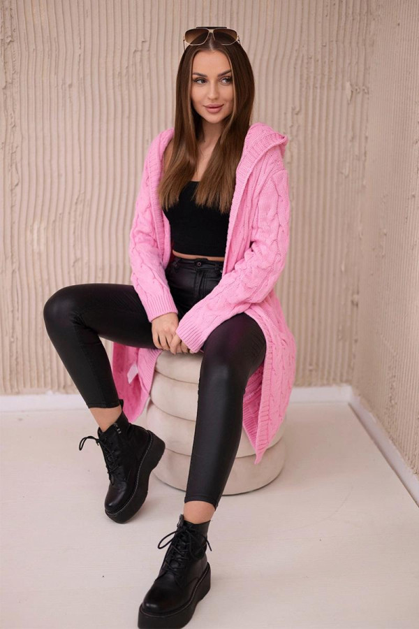 Kardigánový svetr s kapucí a kapsami model 2019-24 jasný růžový