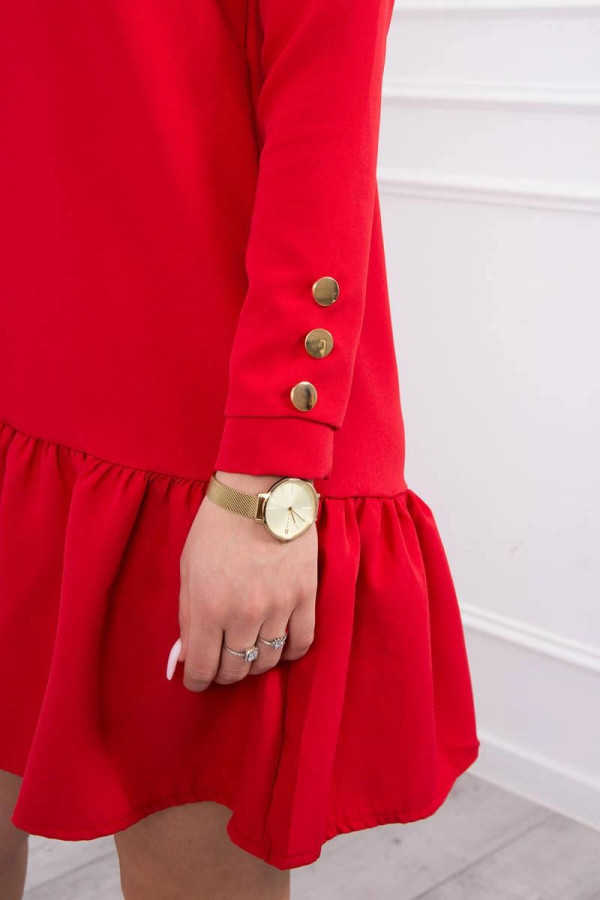 Šaty s volánovou sukní a knoflíky na rukávech červené