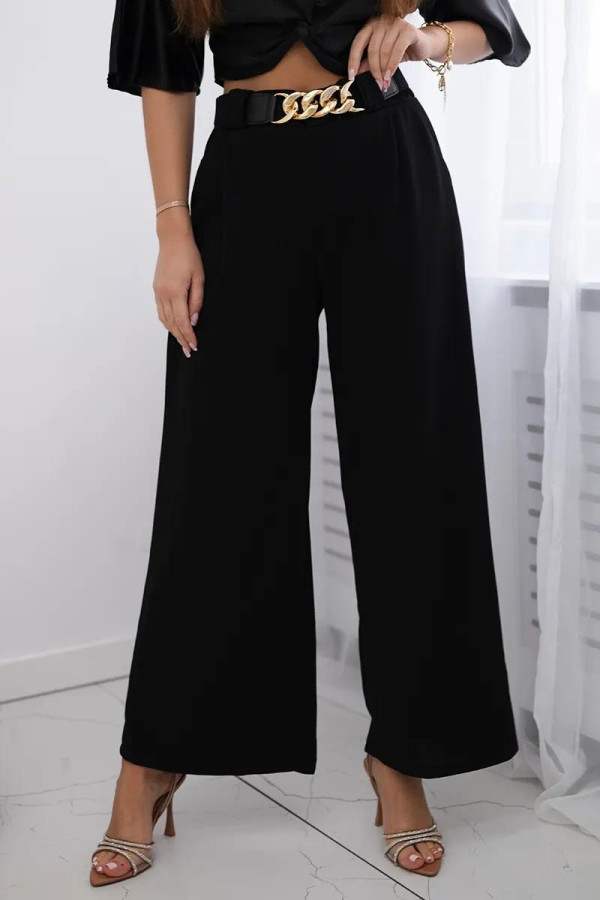 Široké viskózové kalhoty s ozdobným páskem model 59100-28 černé