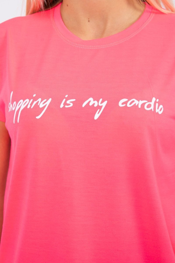 Tričko s nápisem Shopping is my cardio neonově růžové