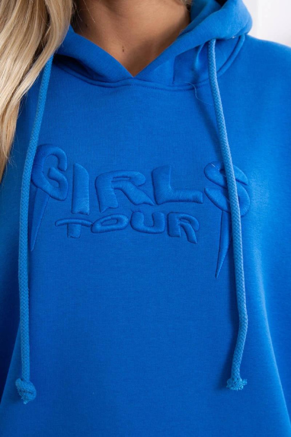 Oversize hřejivá mikina s kapucí a výšivkou Girls Tour královská modrá