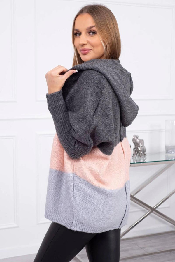 Tříbarevný svetr s kapucí a s netopýřími rukávy grafitový+pudrově růžový+šedý