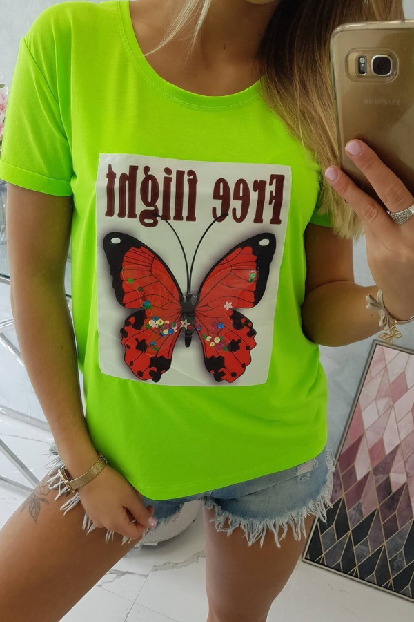 Tričko s potiskem motýla a nápisem Free Flight neonově zelené