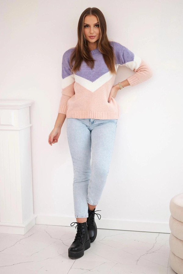 Dvoubarevný svetr s véčkovým vzorem model 2019-51 barva lila+růžová
